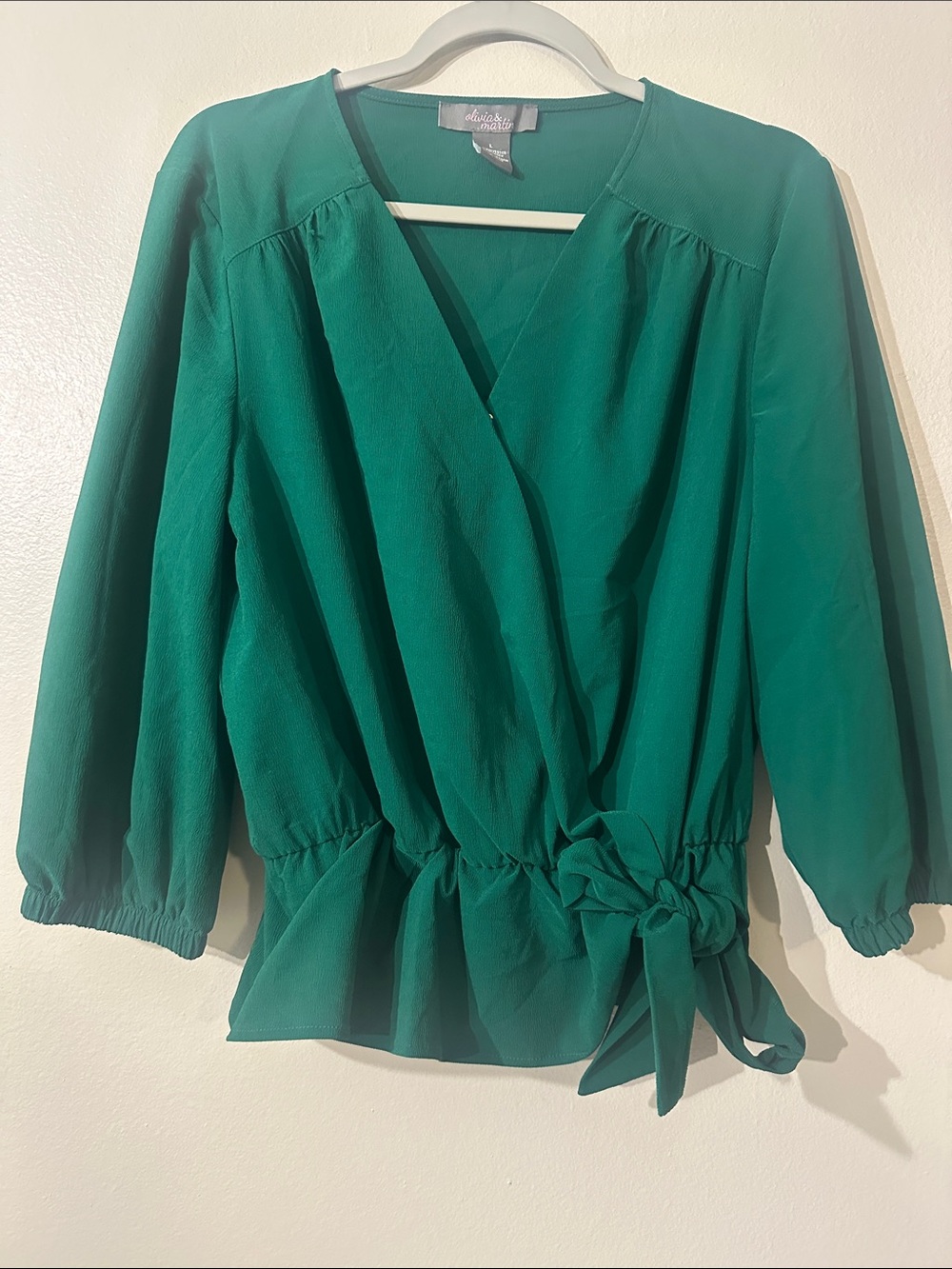 Olivia & Martin Emerald Wrap Peplum Blouse Sz L